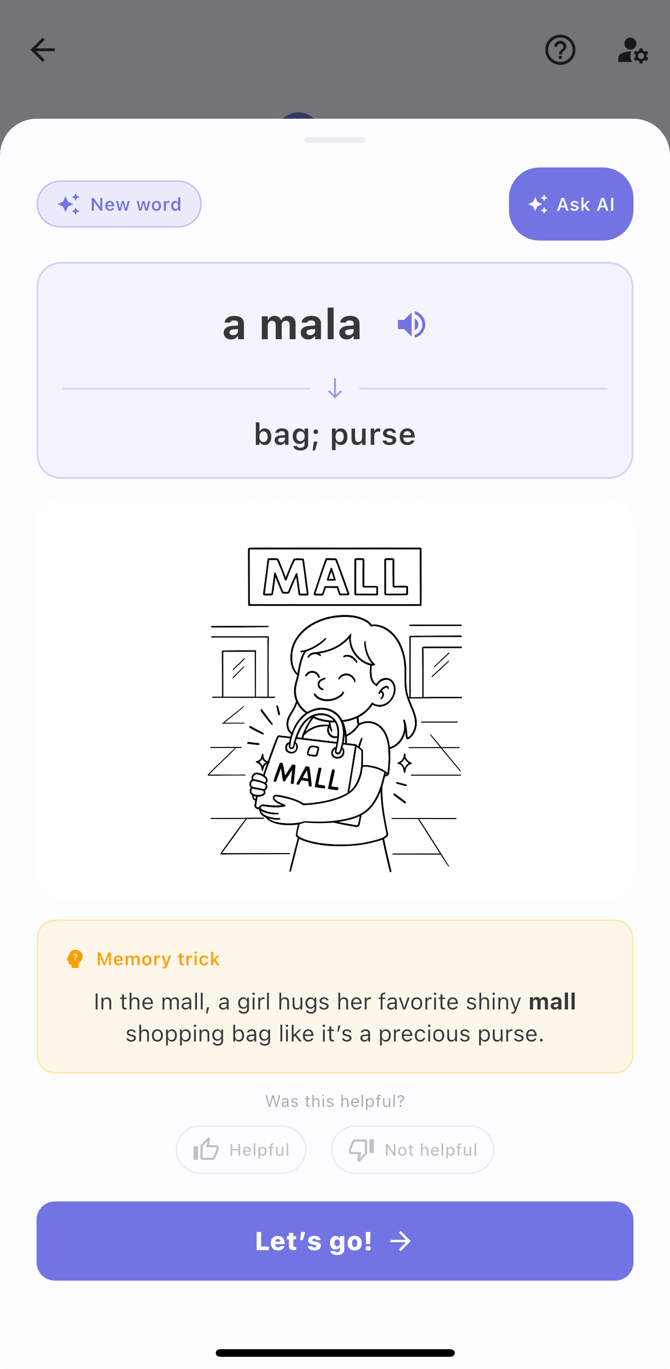 Dialecto flashcard with a mnemonic and picture