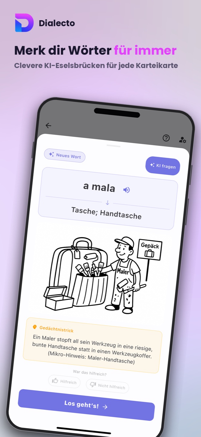 Dialecto-Karteikarte mit dem europäisch-portugiesischen Wort « a mala » und einer Eselsbrücke